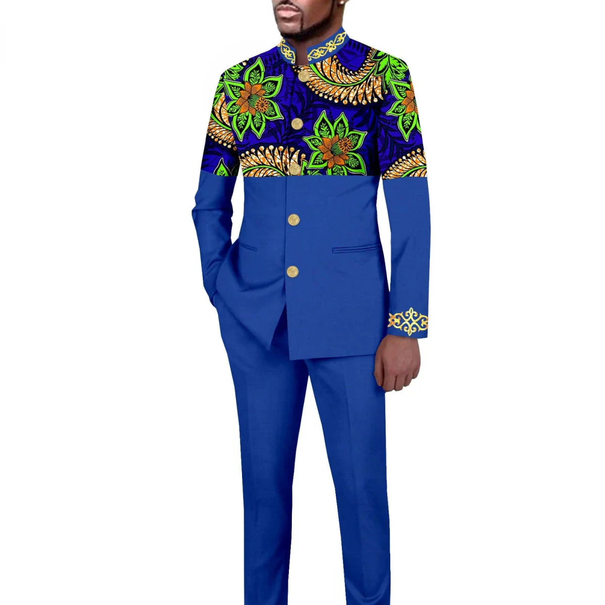 Men's African style 2-piece suit by SHOWLU FASHION STORE featuring a solid color stand collar blazer and matching trousers.