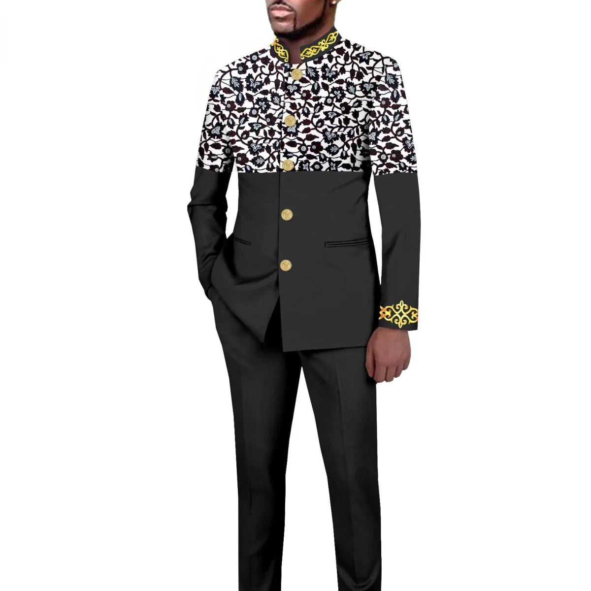 Men's African style 2-piece suit with solid color stand collar blazer and trousers, tailored by SHOWLU FASHION STORE.