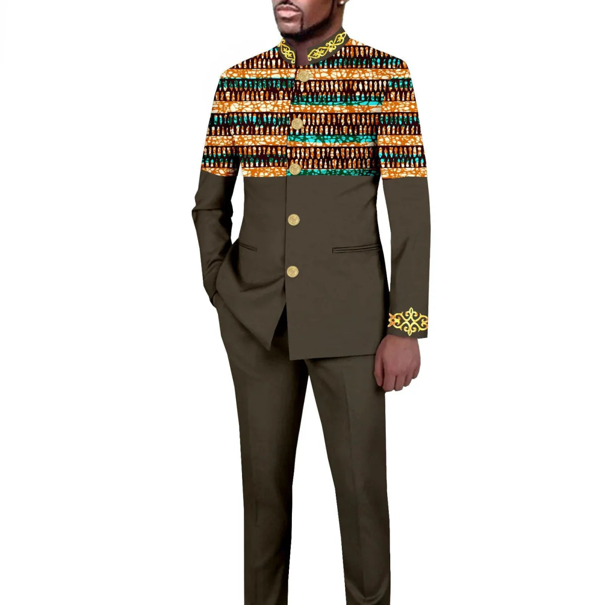 Men's African style 2-piece suit with solid color stand collar blazer and matching trousers, tailored for a sharp look.