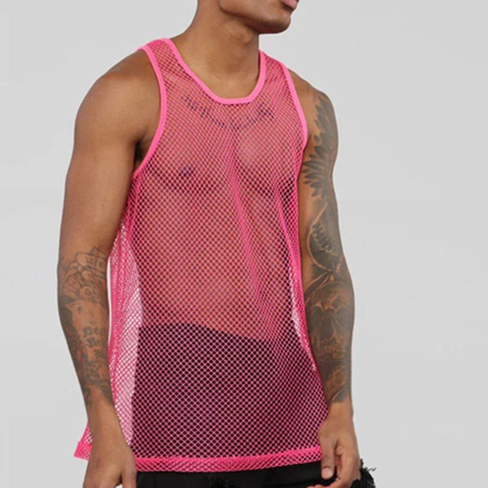 Tank Tops Vest Men O - neck Party Nightclub Wear Rose Red Black Fashion M - 2XL Mesh Patchwork Sleeveless Streetwear - SHOWLU FASHION STORE