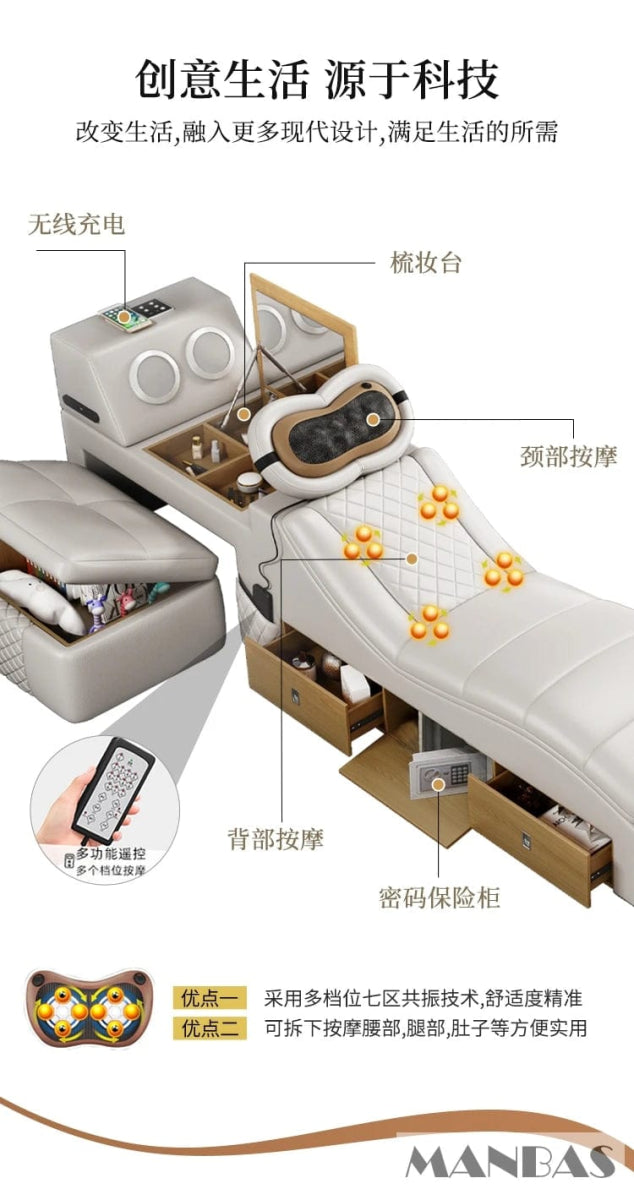 Tech Smart Bed 2 People with King Size Bed Frame Queen, Genuine Leather, Massage, USB, Bluetooth Speaker, and Safe By Linlamlim - SHOWLU FASHION STORE