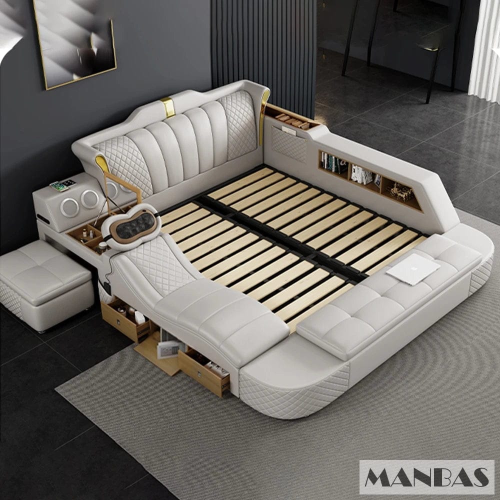 Tech Smart Bed 2 People with King Size Bed Frame Queen, Genuine Leather, Massage, USB, Bluetooth Speaker, and Safe By MANBAS - SHOWLU FASHION STORE