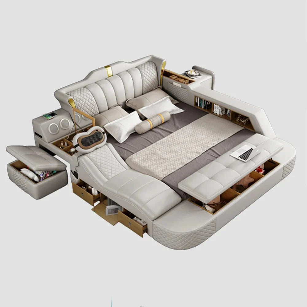 Genuine leather MINGDIBAO Tech Smart Bed with massage features, Bluetooth speakers, king size frame, shown with two people.