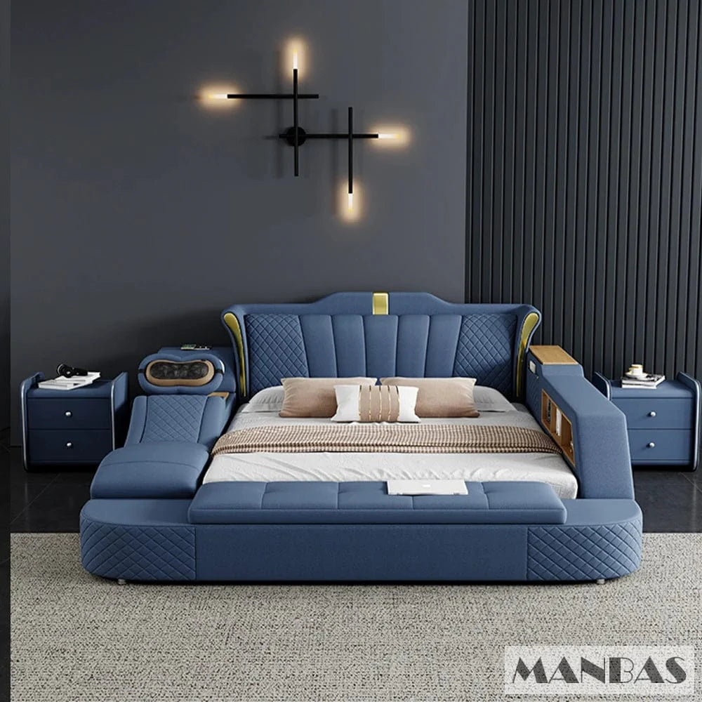 Genuine leather MINGDIBAO Tech Smart Bed with Bluetooth, massage features, king-size frame, suitable for two people, USB speaker.