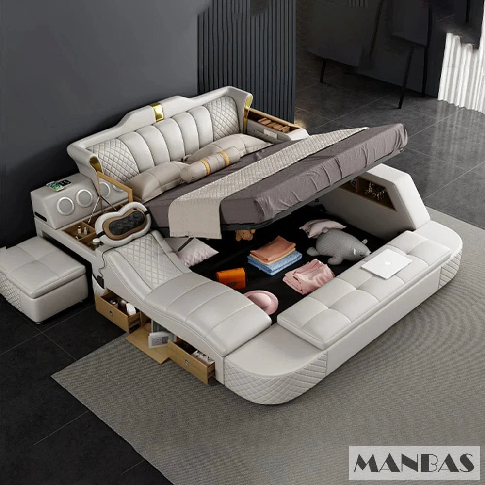 Genuine leather SHOWLU FASHION MINGDIBAO Tech Smart Bed with massage, Bluetooth, USB, king-size frame, two people relaxing.
