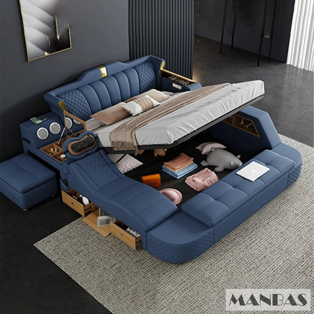 Genuine leather MINGDIBAO Tech Smart Bed with Bluetooth, massage features, king-size frame, and USB speaker for two people.