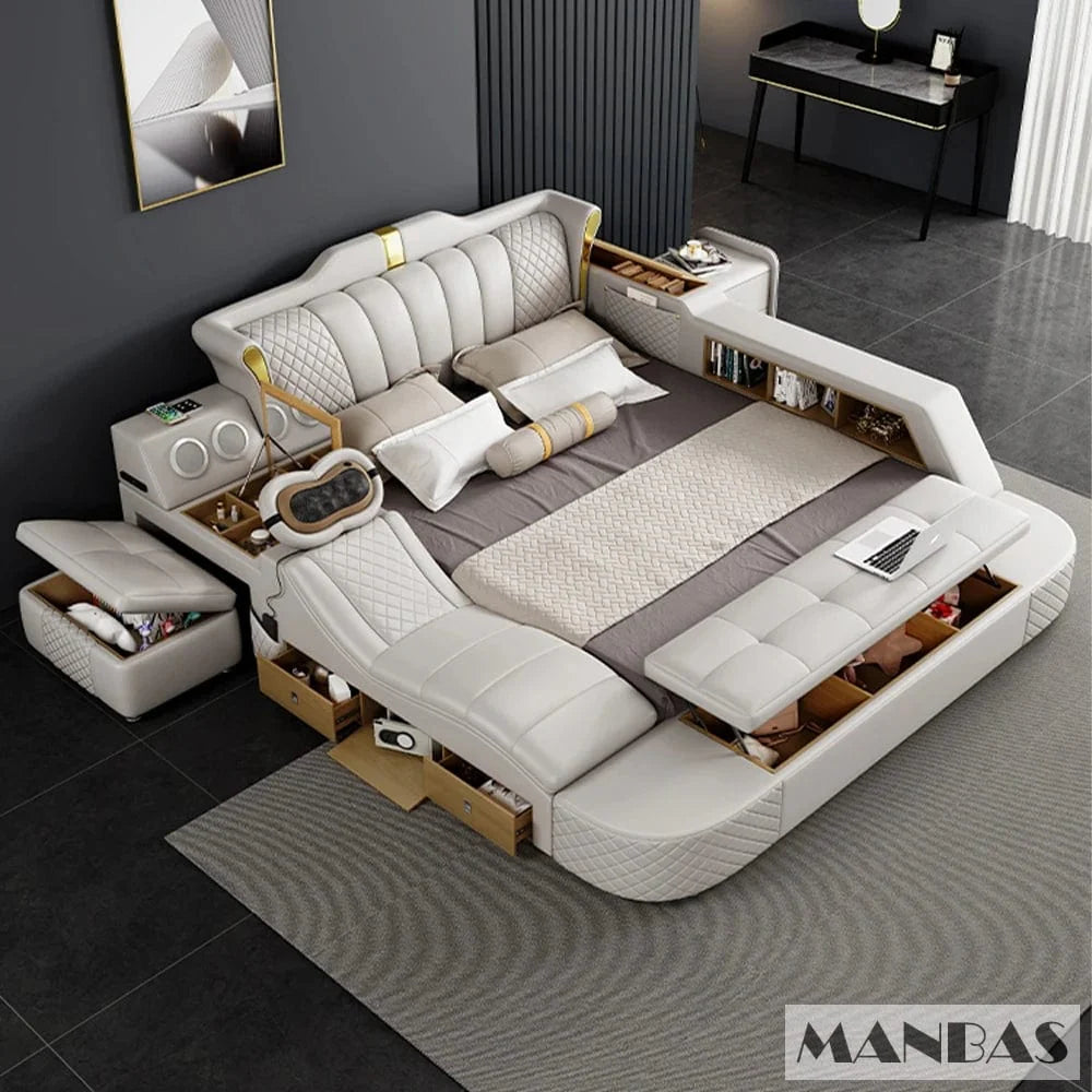 Genuine leather SHOWLU FASHION MINGDIBAO Tech Smart Bed with massage features, Bluetooth speakers, king-size frame, for two people.