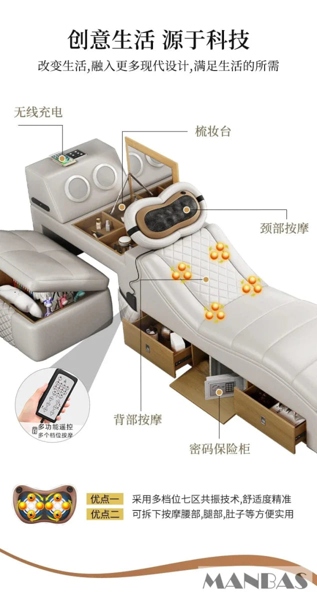 Genuine leather MINGDIBAO Tech Smart Bed with Bluetooth, massage features, king-size frame, and USB speaker for relaxing comfort.
