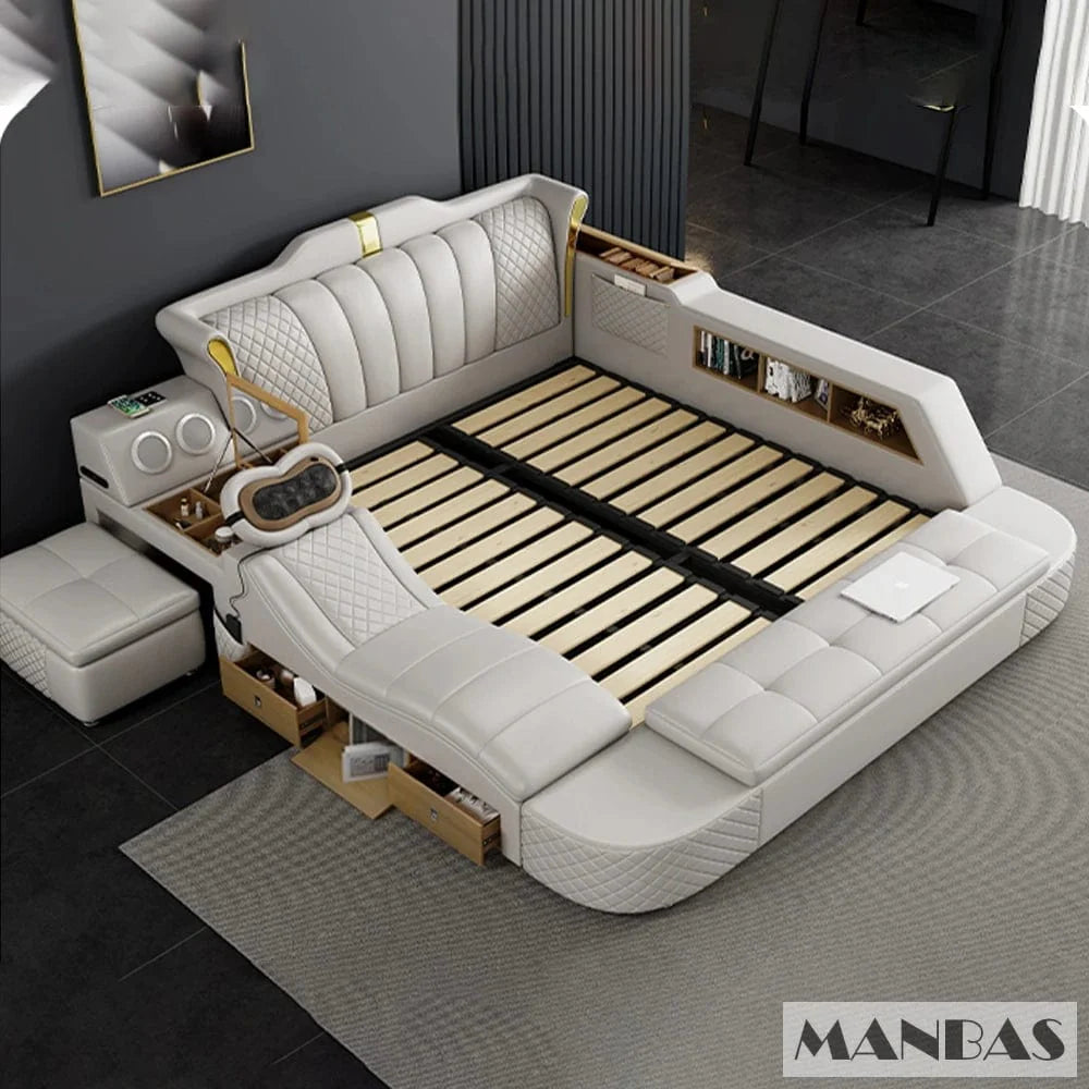 Genuine leather MINGDIBAO Tech Smart Bed with massage features, Bluetooth speakers, king-size frame, suitable for two people.
