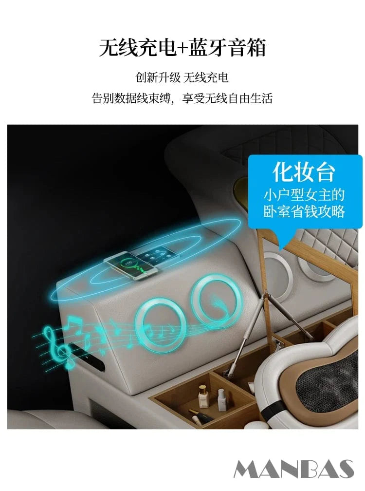 Genuine leather MINGDIBAO Tech Smart Bed with Bluetooth speakers, massage functions, and king-size frame for two people.