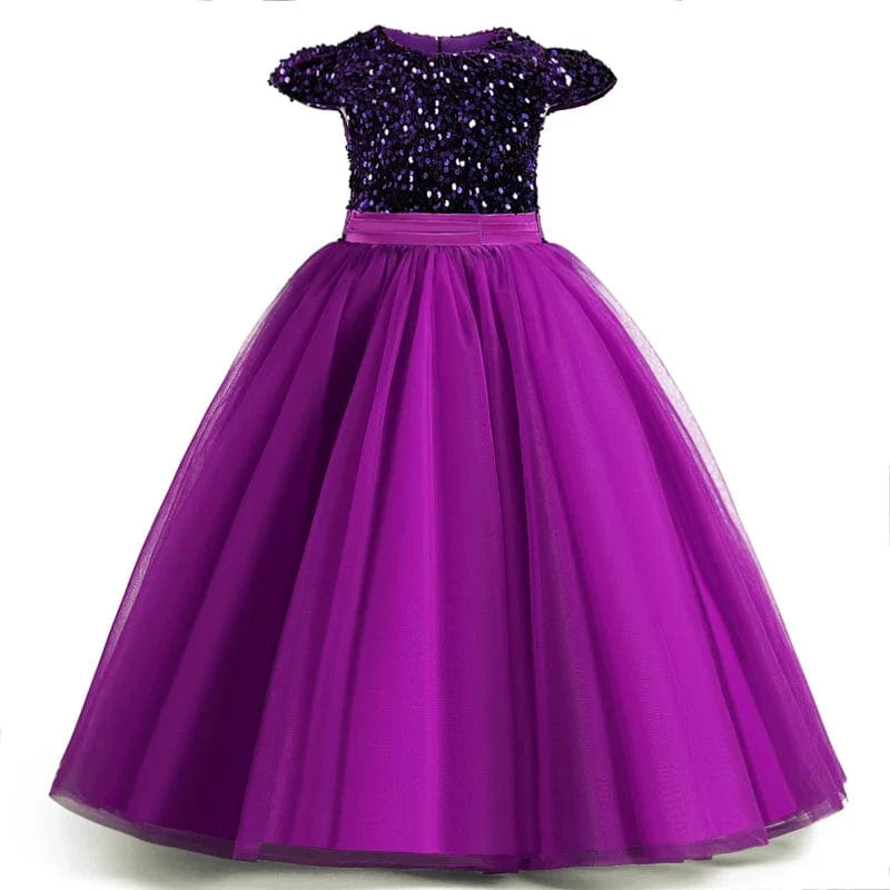 Showlu Fashion Girls white sequin princess gown featuring long, elegant design for formal parties, weddings, and prom for ages 5 to 14.
