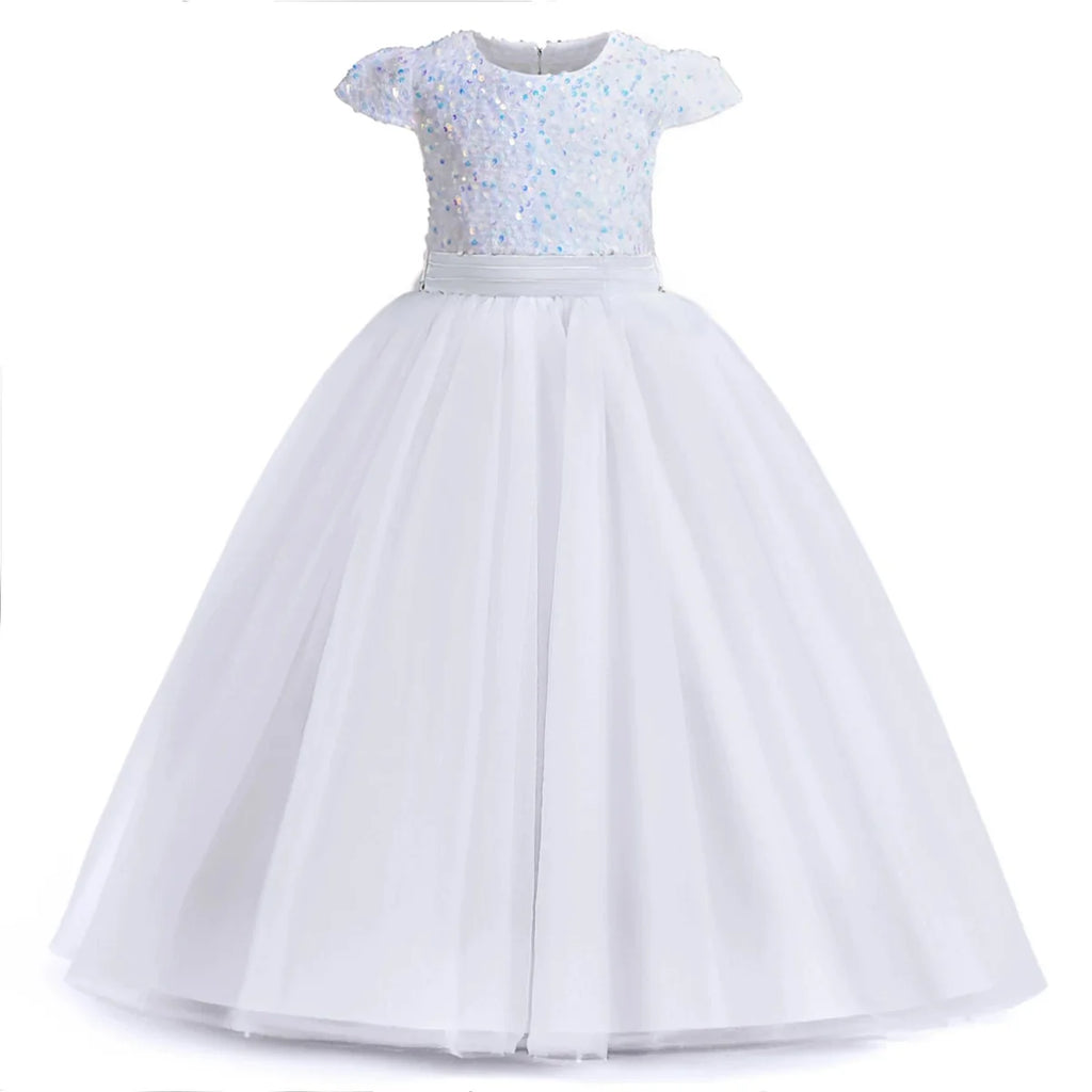 White sequin princess gown for girls by Showlu Fashion, elegant formal dress with long skirt and shimmering sequins for special occasions