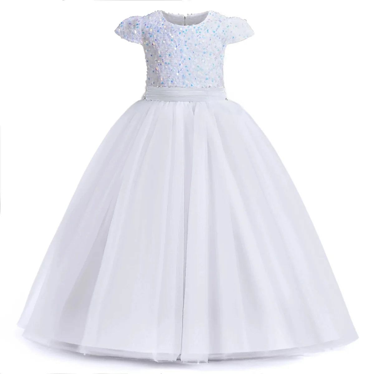 White sequin princess gown for girls by Showlu Fashion, elegant formal dress with long skirt and shimmering sequins for special occasions