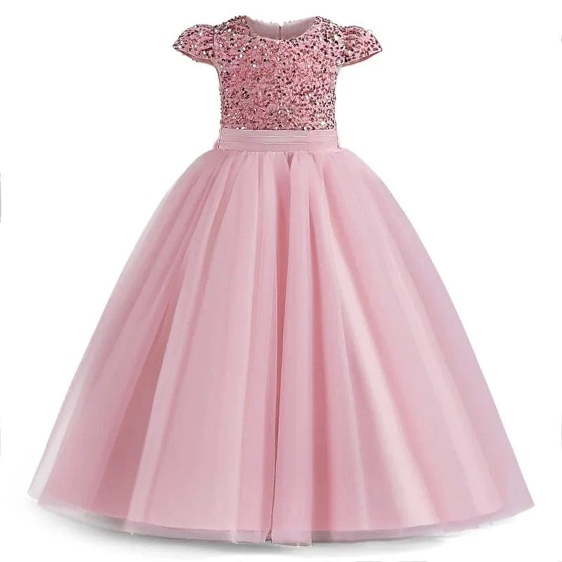 Teenage girl wearing a white sequin princess gown for formal parties, wedding, or prom, by Showlu Fashion Store.