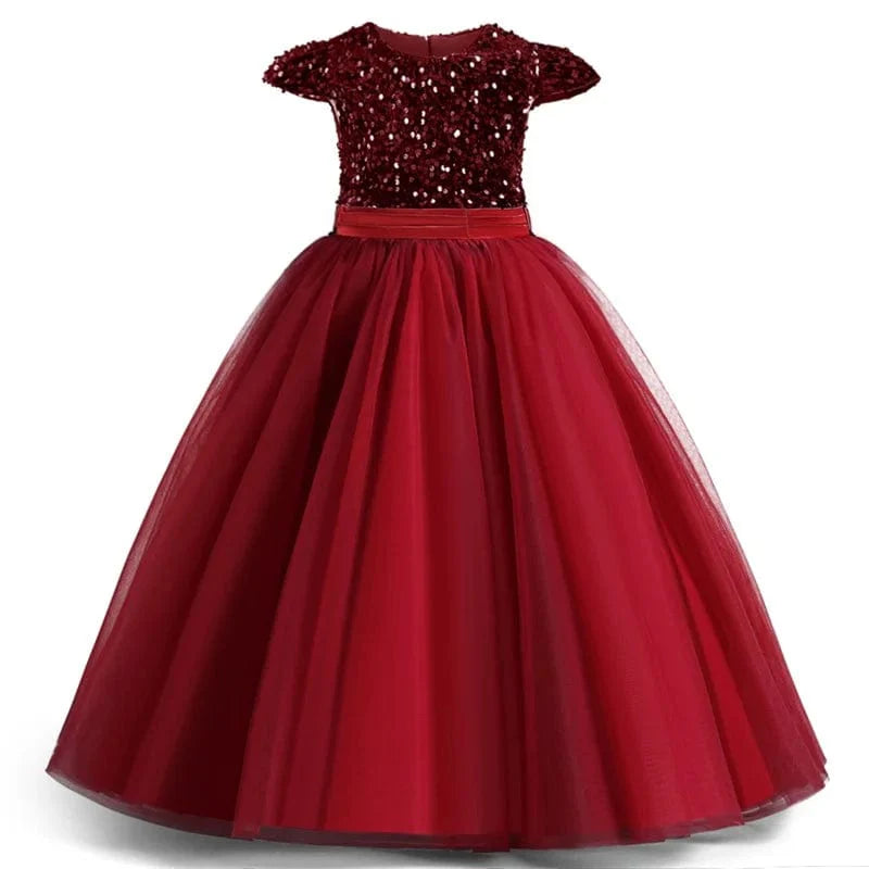 White sequin princess gown for girls by Showlu Fashion, elegant formal dress with long design, perfect for parties and special occasions.