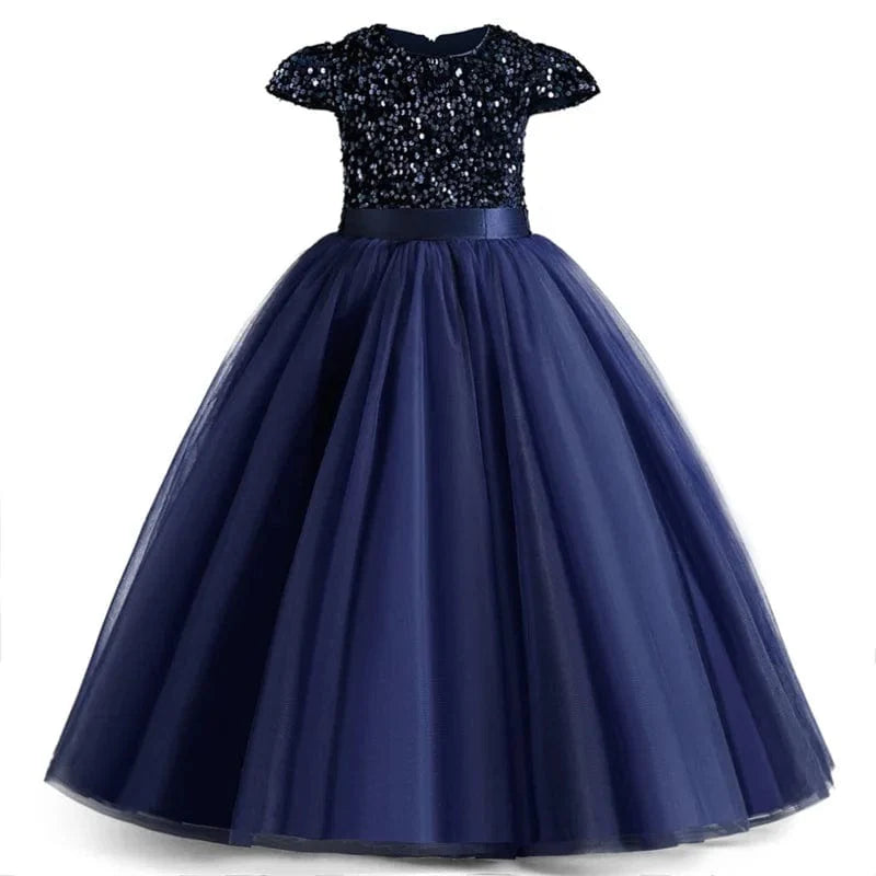 White sequin princess gown for girls, elegant formal party dress with long skirt, ideal for weddings, proms, and special occasions.