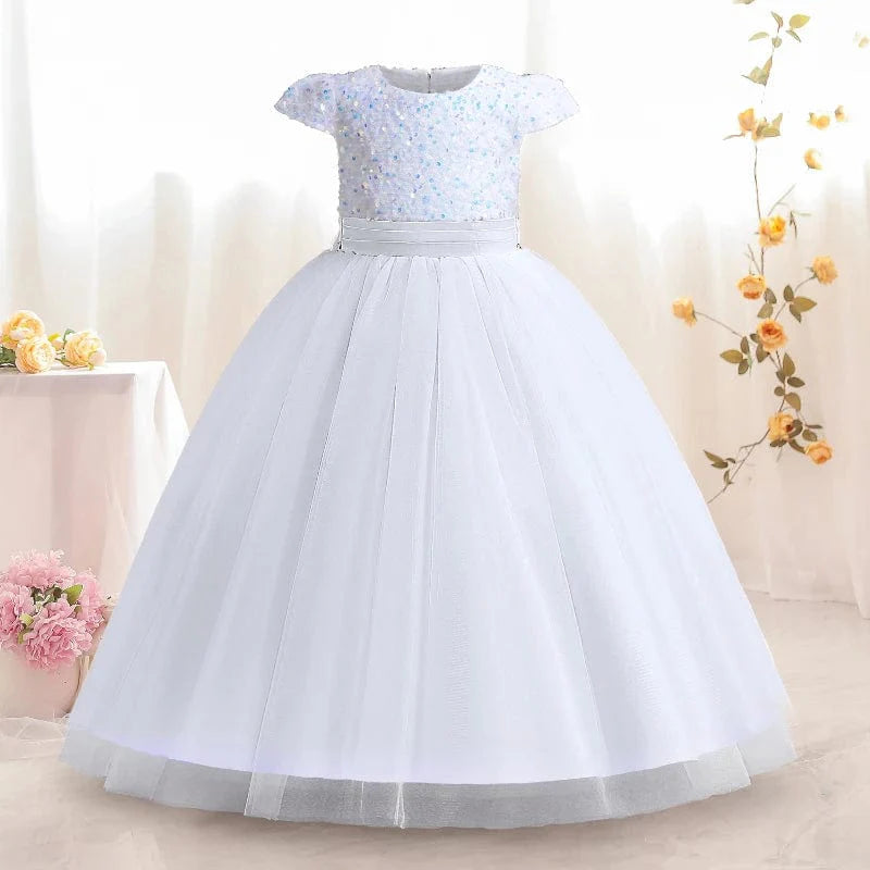 White sequin princess gown for girls by Showlu Fashion, elegant formal dress with long sleeves, perfect for parties and special occasions.