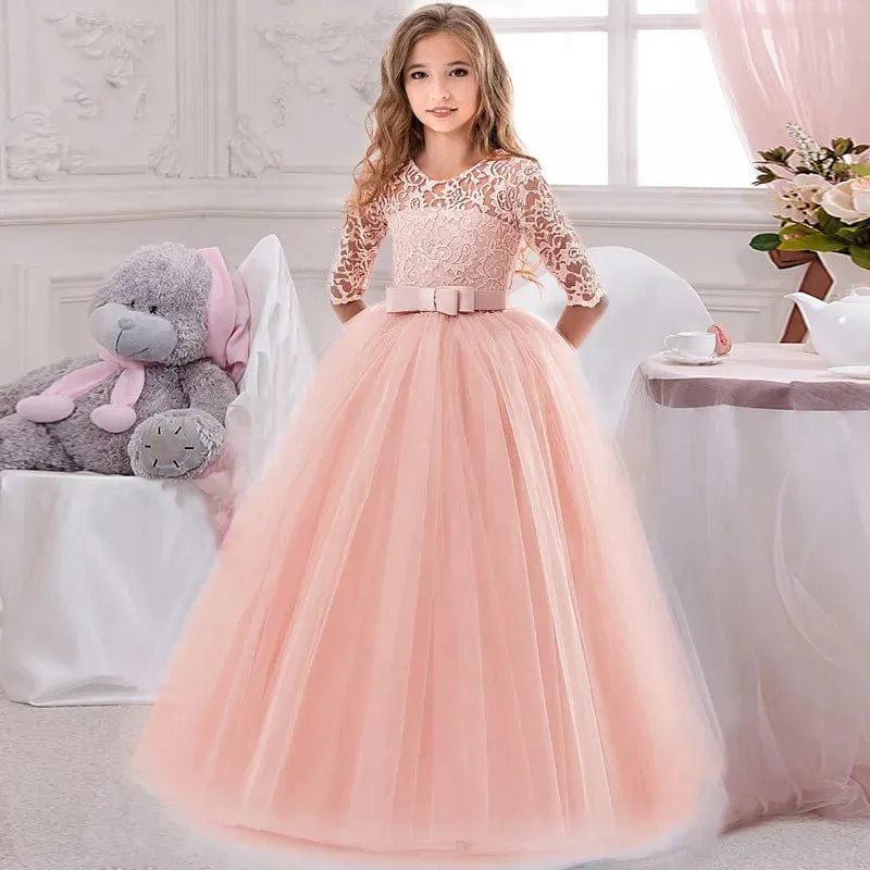 White lace princess wedding gown for girls with ankle length, perfect for parties, pageants, and special occasions.