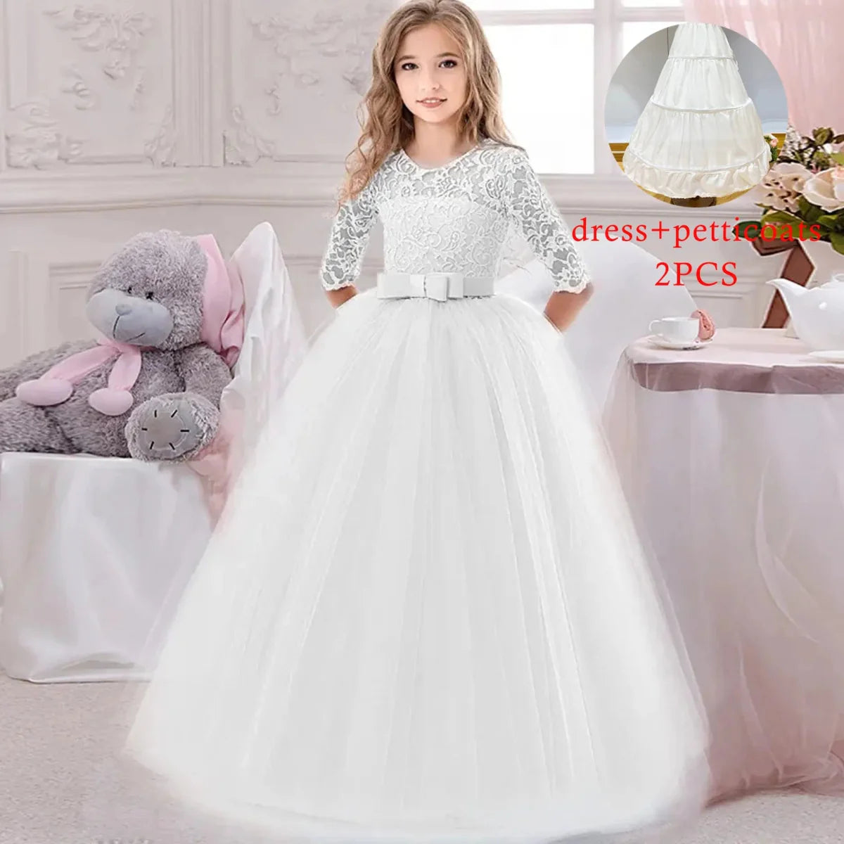 Teen girls' white lace princess wedding gown by Showlu Fashion, ankle-length party dress with elegant lace details and a satin sash.