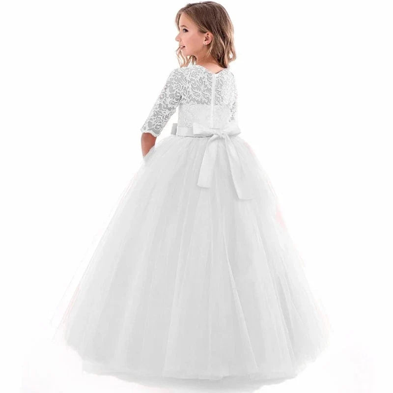 White lace princess wedding gown for girls, ankle-length party dress with elegant design, perfect for weddings, pageants, and special occasions.
