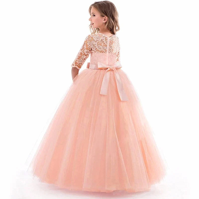 Teens white lace princess wedding gown by Showlu Fashion Store, ankle-length party dress with elegant lace details for girls and children.