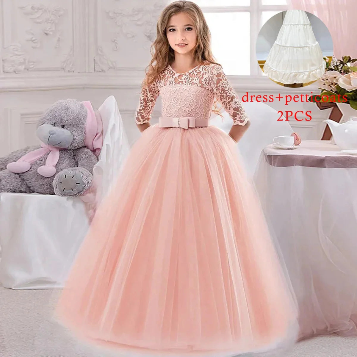 White lace princess wedding gown for girls, ankle-length party dress with elegant design, perfect for special occasions and pageants.