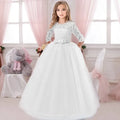 White lace princess wedding gown for girls by Showlu Fashion, ankle-length party dress with elegant lace details and a royal style.