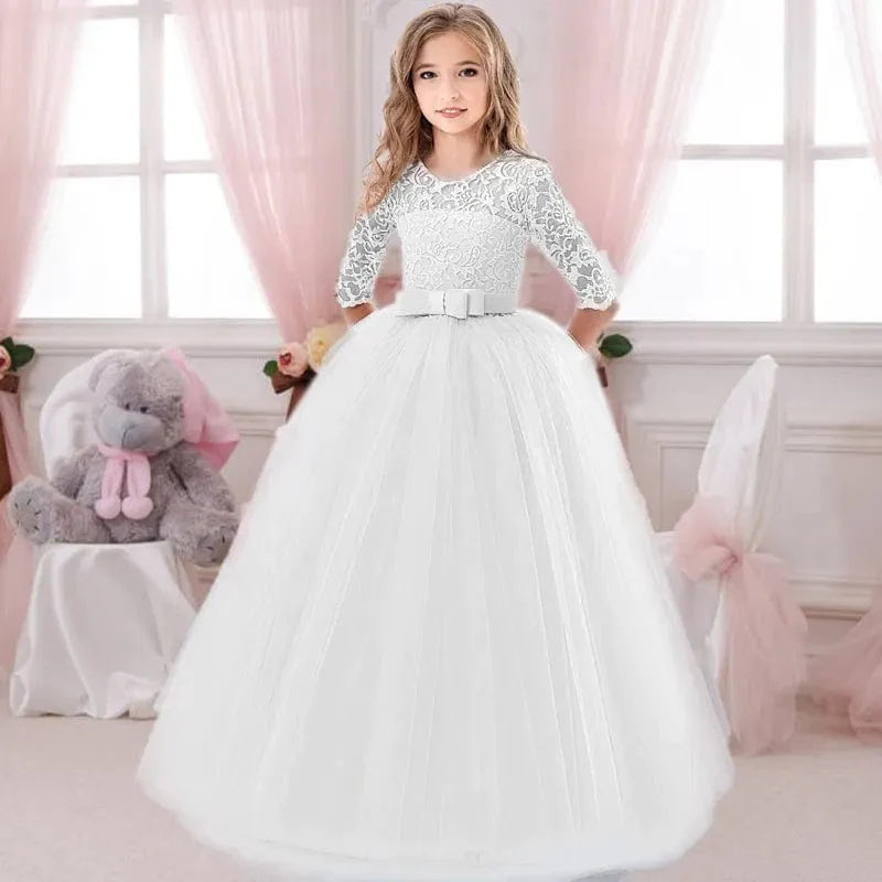 White lace princess wedding gown for girls by Showlu Fashion, ankle-length party dress with elegant lace details and a royal style.