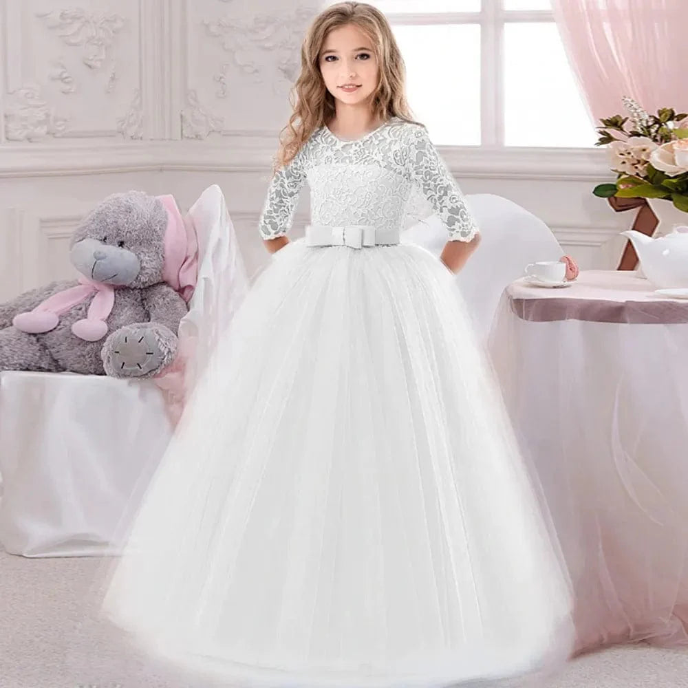 White lace princess wedding gown for girls, ankle-length party dress with elegant design, suitable for bridesmaids, pageants, or special occasions.