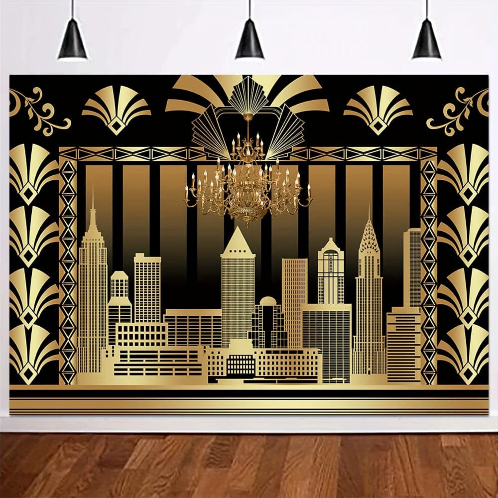 Showlu Great Gatsby backdrop featuring black and gold Roaring 20s theme for vintage dance, party, wedding, or event photography.