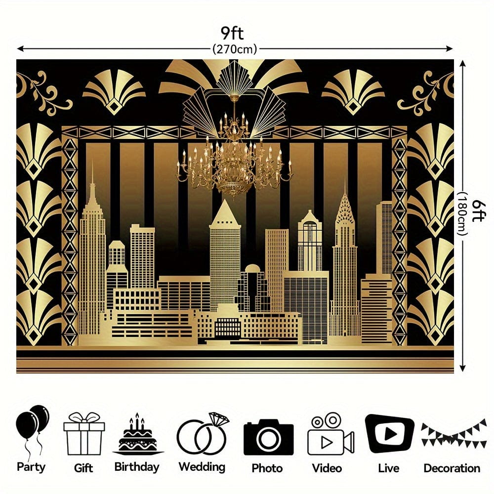 Great Gatsby black and gold backdrop for Roaring 20s themed parties, vintage dance, wedding, or birthday photo decoration.