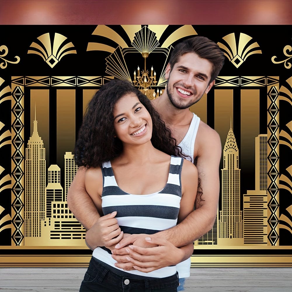 Great Gatsby backdrop featuring black and gold Roaring 20s theme for vintage dance, birthday, wedding, or party photography.