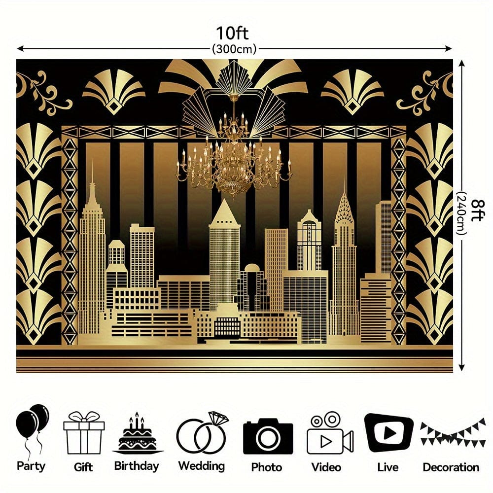 Showlu Great Gatsby backdrop featuring black and gold Roaring 20s theme for vintage dance, party, wedding, or event photography.