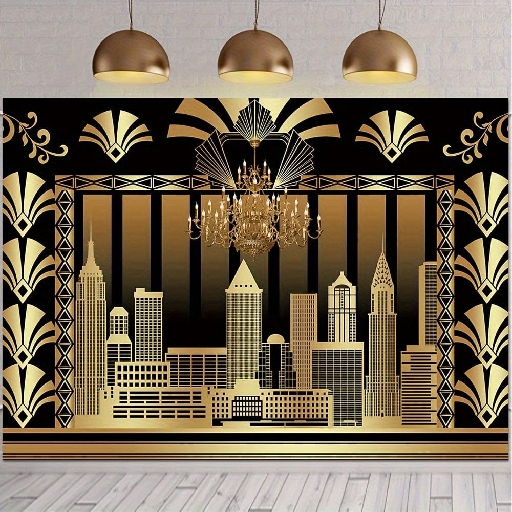Showlu Great Gatsby backdrop with black and gold Roaring 20s theme, vintage dance design for 20s-themed parties and events