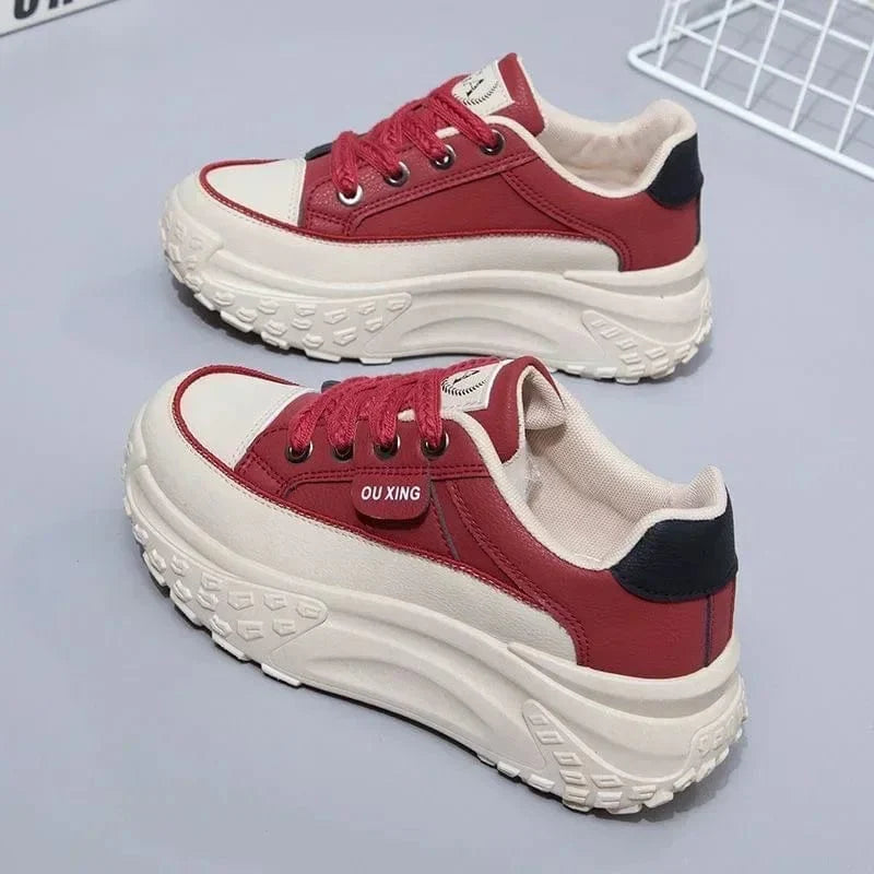 Retro women's platform sneakers by CHAXIAOA with solid PU leather, casual style, spring-ready, versatile fashion footwear.