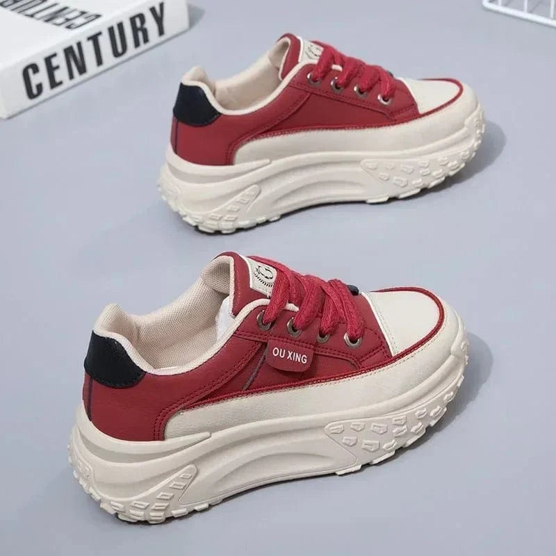 SHOWLU FASHION STORE CHAXIAOA Women's Retro Platform Sneakers in solid PU leather, casual and versatile spring shoes with high-quality design.
