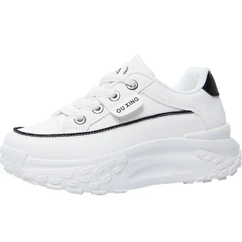 Showlu Fashion Store women's retro platform sneakers in solid PU leather, featuring a casual, versatile design with a spring-inspired look.