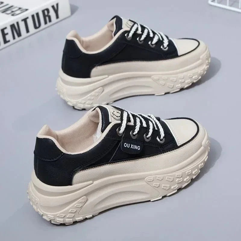 Women's retro platform sneakers in solid PU leather, featuring a casual, versatile design with a high-quality, fashionable look.