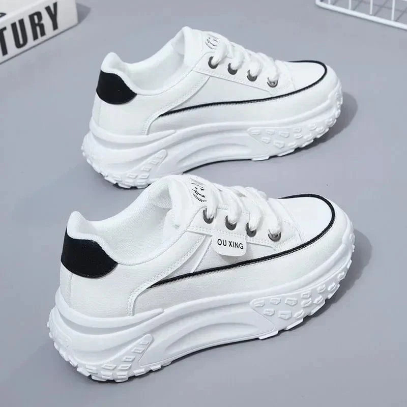 Retro women's platform sneakers by CHAXIAOA in solid PU leather with a casual, versatile design and high-quality construction.