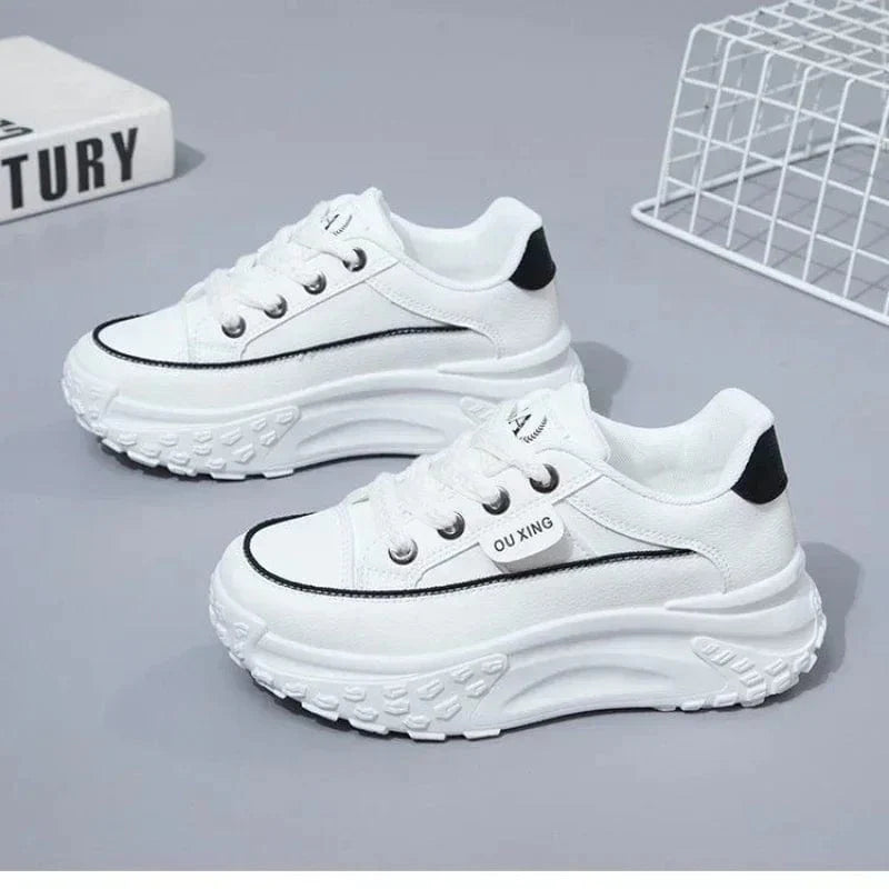 Women's retro platform sneakers by SHOWLU FASHION STORE, solid PU leather casual shoes with a stylish high-sole design.