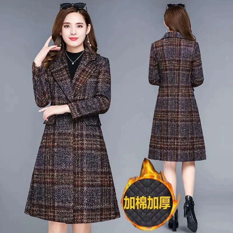 Women's plaid woolen jacket by Showlu Fashion Store, slim fit long winter overcoat with thick plaid pattern and warm casual style.