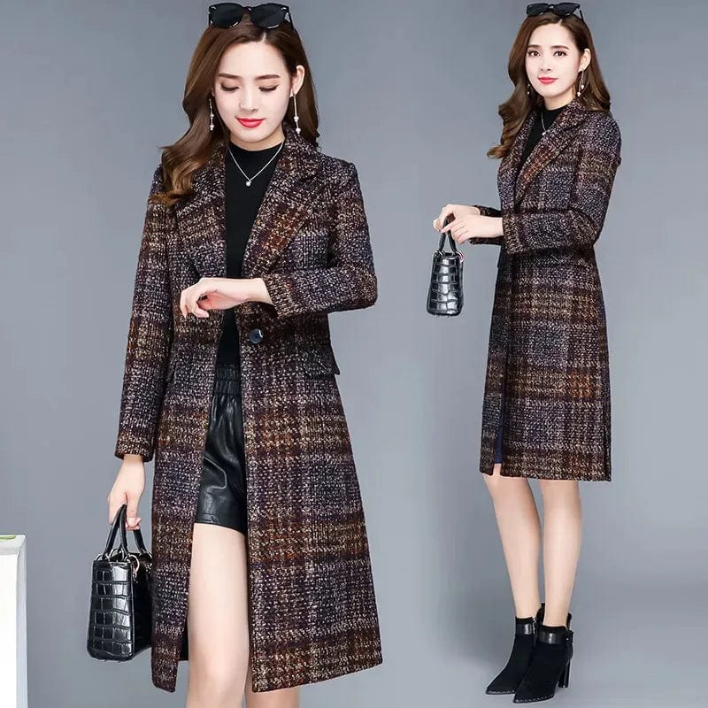 Women's plaid woolen jacket by Showlu Fashion Store, slim fit long winter overcoat with thick, warm plaid fabric and casual style.