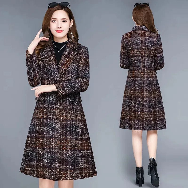 Thicken Plaid Woolen Jacket Women's 5XL Slim Mother Temperament Long Coat Warm Female Casual Overcoat - SHOWLU FASHION STORE