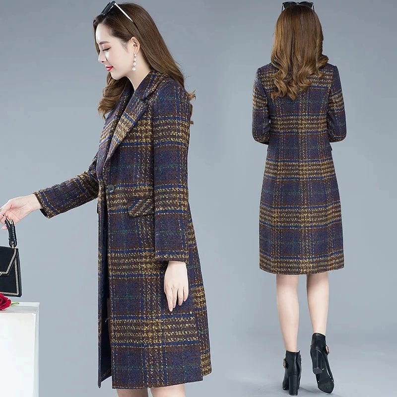 Women's plaid woolen jacket by Showlu Fashion, slim fit long winter overcoat with thick, warm, casual design and classic plaid pattern.