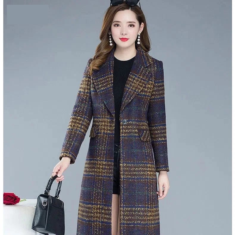 Women's plaid woolen jacket by Showlu Fashion, slim fit long winter overcoat with thick plaid pattern and warm casual style.
