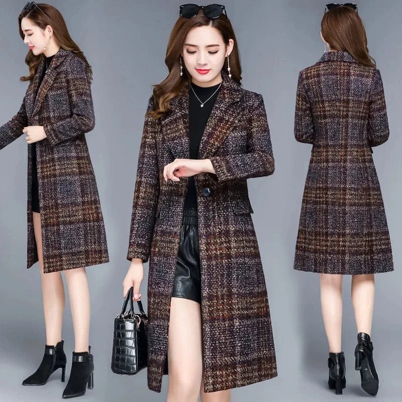 Women's plaid woolen jacket by Showlu Fashion, slim fit long winter overcoat with thick, warm plaid fabric and casual style.