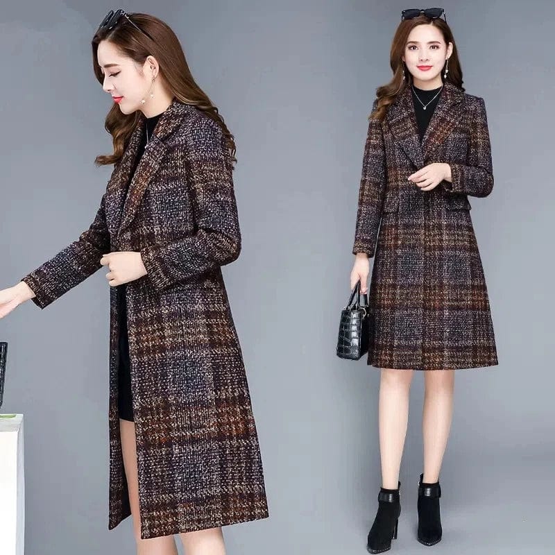 Women's plaid woolen jacket by Showlu Fashion Store, slim fit long winter overcoat with thick plaid fabric and warm casual style.