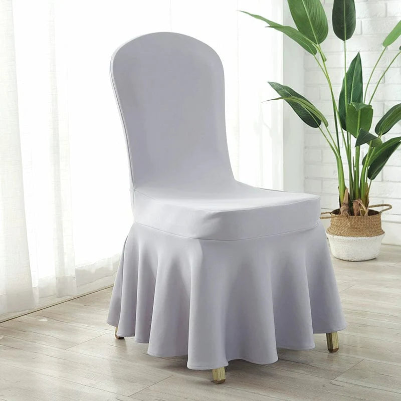 White Heavenly Silk chair cover with thickened air layer, elastic fit, designed for hotel, banquet, conference, and home use.