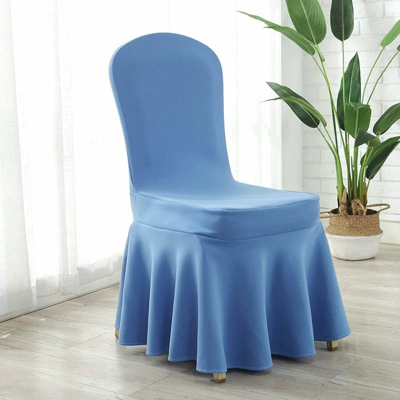 White Chinese poetry-inspired silk chair cover with thickened air layer, elastic fit for hotel, banquet, or home use.