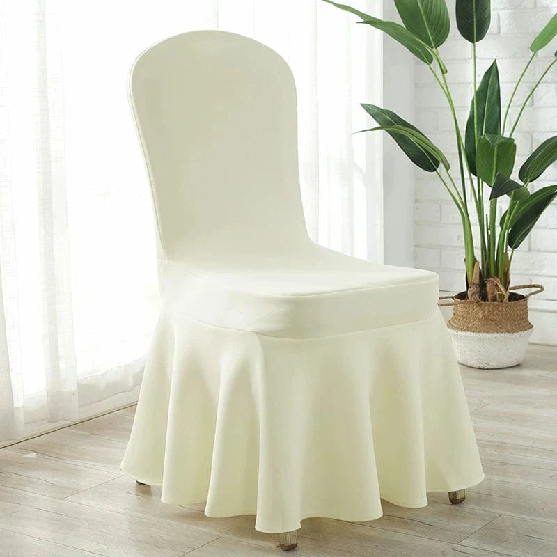 White Chinese poetry-themed silk air-layer chair cover with thickened, elastic design for conference, hotel, or home use.